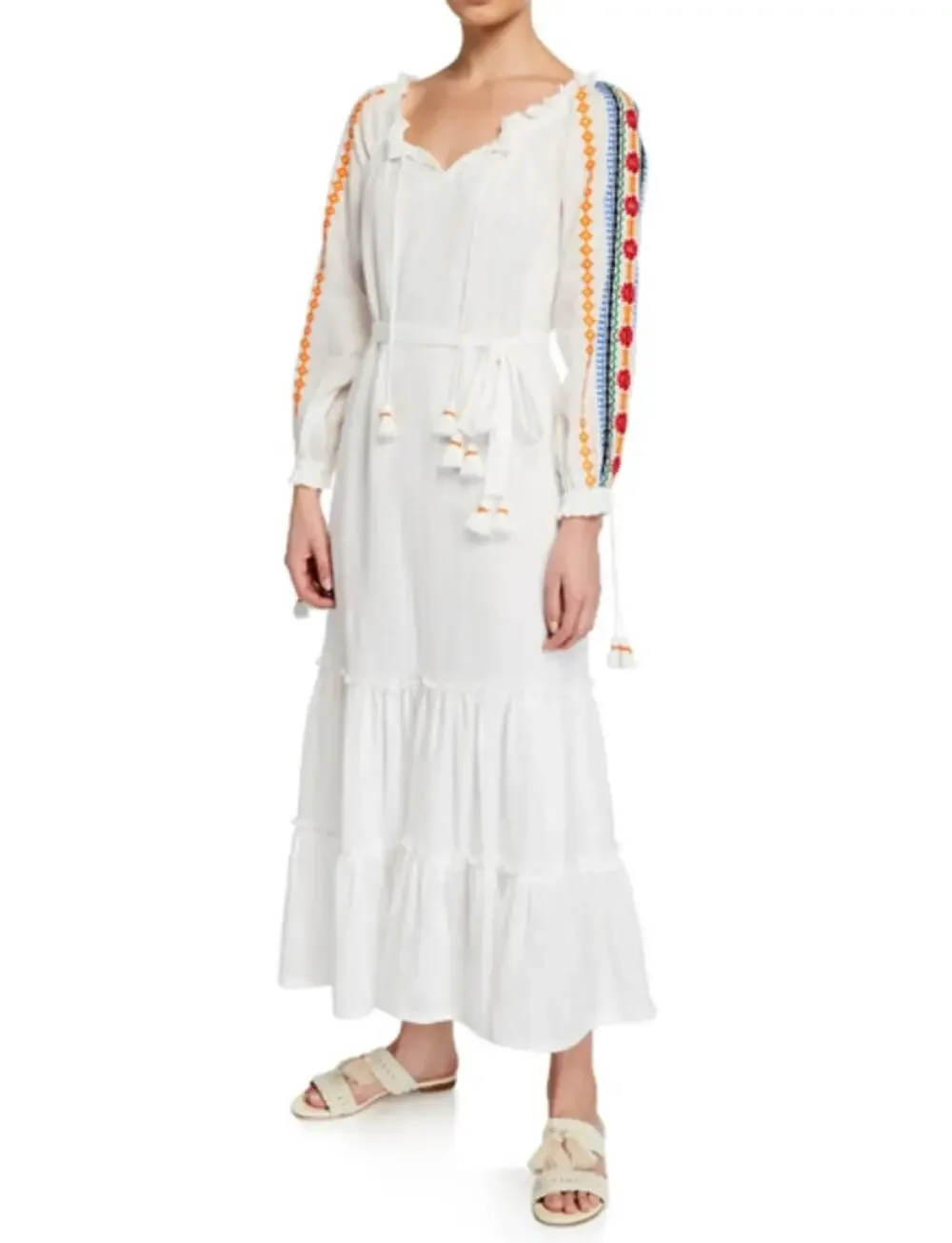 Tory Burch Embroidered Split Neck Long Sleeve Peasant Dress belted Women's Small